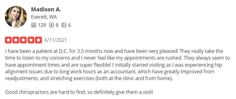 5 star Yelp Review for Discover Chiropractic - Bothell